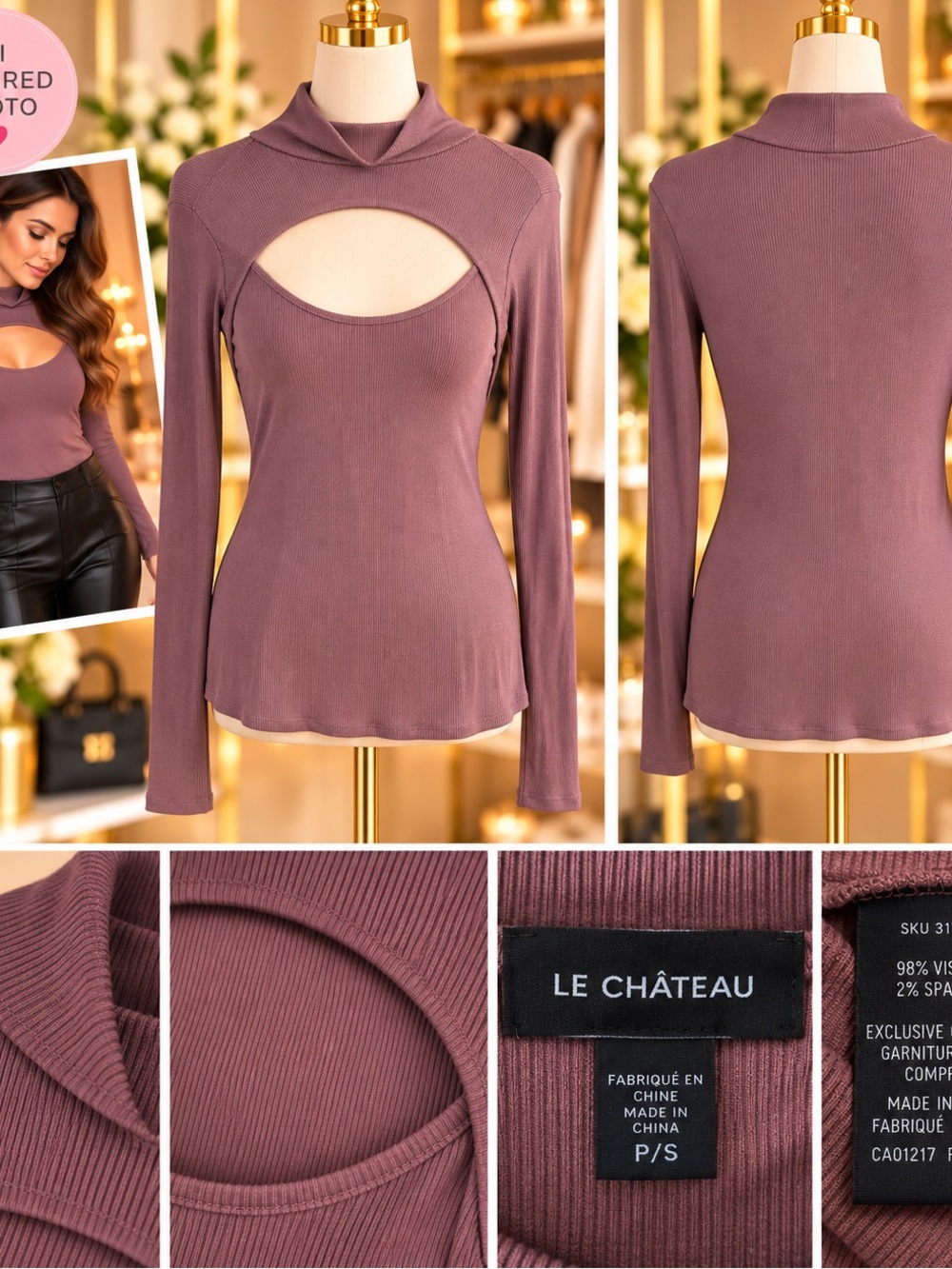 le chateau Mauve Rose Cutout Ribbed Long-Sleeve Top